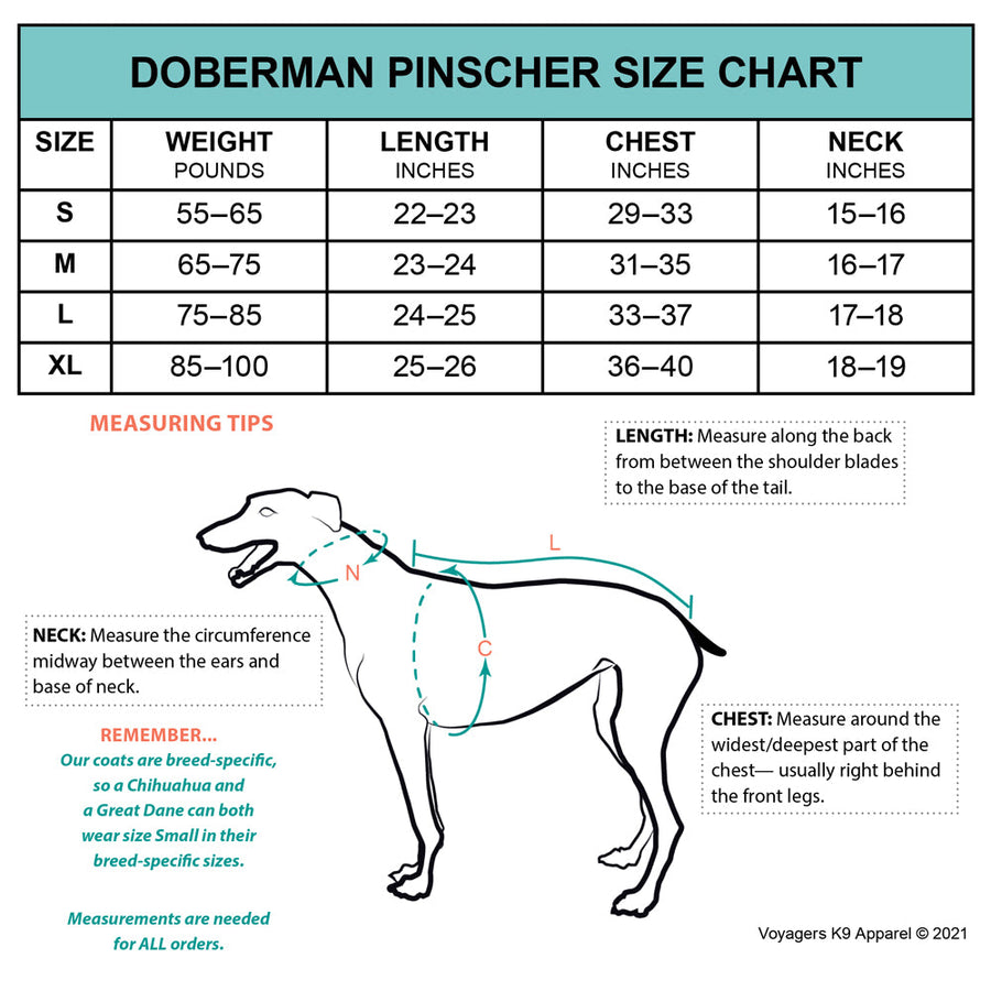 Doberman Pinscher Size Chart - Voyagers K9 Apparel Dog Gear