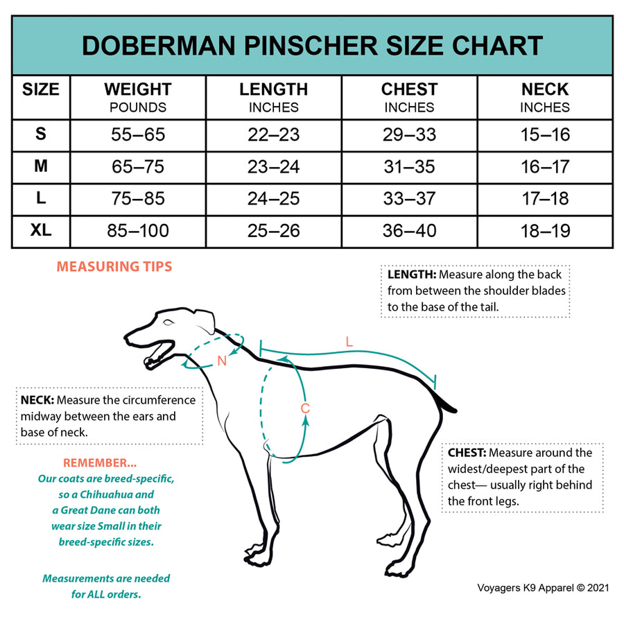 Doberman Pinscher Size Chart - Voyagers K9 Apparel Dog Gear